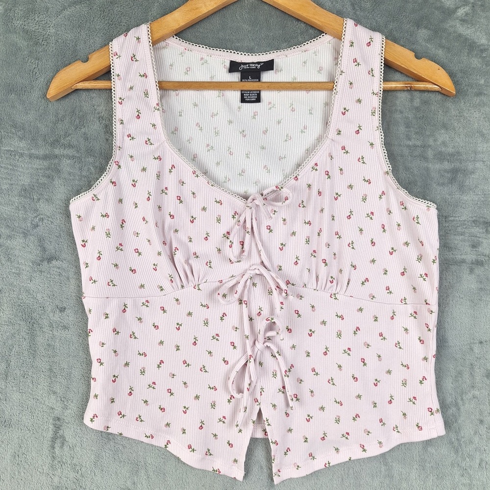 Womens Top Large Pink‎ Floral Tie Front Feminine Coquette Babydoll Y2K Ribbed